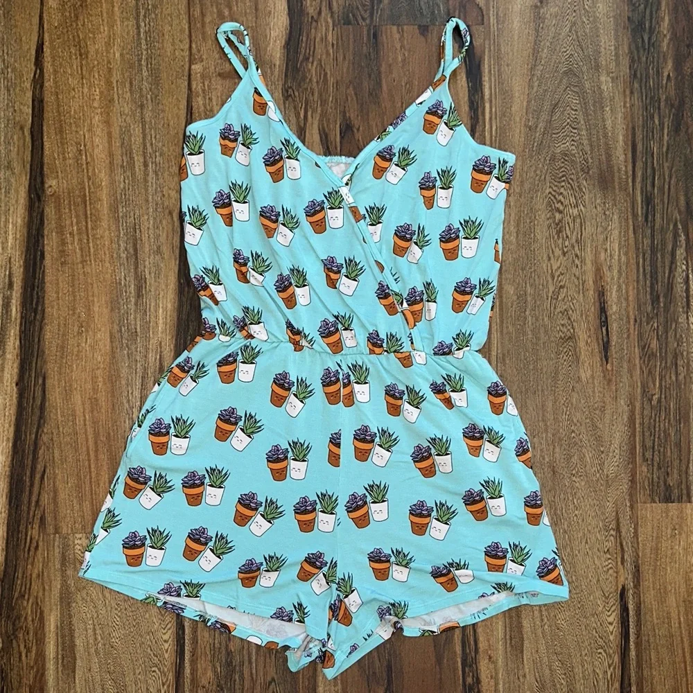 MeUndies UltraModal V-Neck Romper Blue Succulent Print Size Medium - Picture 1 of 5
